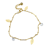 Stainless Steel Jewelry Bracelet, with Cubic Zirconia, with 1.5lnch extender chain, Leaf, gold color plated, charm bracelet & oval chain & for woman & hollow, 6x13mm, 1.5mm, 2.5mm, Length:Approx 8.5 Inch, 5Strands/Lot, Sold By Lot