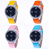 Unisex Wrist Watch PU Leather with zinc alloy dial & Glass platinum color plated adjustable & with rhinestone nickel lead & cadmium free 20mm Length Approx 10.5 Inch Sold By PC