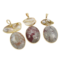 Agate Jewelry Pendants, Tibetan Style, with pearl & Agate, gold color plated, mixed colors, lead & cadmium free, 31x62x8mm-42x65x8mm, Hole:Approx 4x7mm, 2PCs/Bag, Sold By Bag