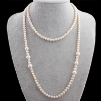 Пресноводные перлы ожерелье цепи свитера, Пресноводные жемчуги, Форма картофеля, натуральный, 5-6mm, 10-11mm, Продан через Приблизительно 44 дюймовый Strand