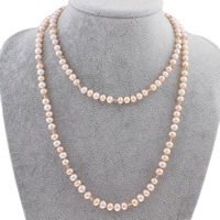 Пресноводные перлы ожерелье цепи свитера, Пресноводные жемчуги, с Кристаллы, натуральный, граненый, розовый, 6x4mm, 6-7mm, Продан через Приблизительно 40 дюймовый Strand