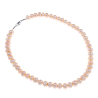 Freshwater Pearl Brass Necklace, brass lobster clasp, natural, pink, 9-10mm, Sold Per Approx 14.5 Inch Strand