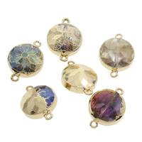 Quartz Connector, with Tibetan Style, Flat Round, gold color plated, faceted & 1/1 loop, mixed colors, 25x18x11mm, Hole:Approx 1.5mm, 2PCs/Bag, Sold By Bag