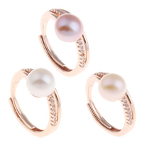 Freshwater Pearl Finger Ring, Brass, with Freshwater Pearl, rose gold color plated, natural & for woman & with rhinestone, more colors for choice, nickel, lead & cadmium free, 20x26x9mm, US Ring Size:5, Sold By PC