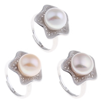 Freshwater Pearl Finger Ring, Brass, with Freshwater Pearl, Flower, platinum color plated, natural & open & adjustable & micro pave cubic zirconia & for woman, more colors for choice, nickel, lead & cadmium free, 21x33x17.50mm, US Ring Size:7.5, Sold By PC