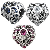 Thailand Sterling Silver European Bead, Heart, micro pave cubic zirconia & without troll & hollow, more colors for choice, 11x11.50x8.50mm, Hole:Approx 4.5mm, Sold By PC