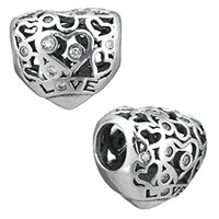 Thailand Sterling Silver European Bead, Heart, word love, micro pave cubic zirconia & without troll & hollow, 11.50x10.50x9mm, Hole:Approx 4.5mm, Sold By PC
