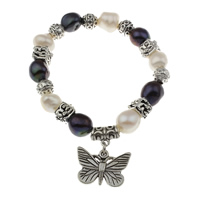 Freshwater Cultured Pearl Bracelet, Freshwater Pearl, with Brass, Butterfly, antique silver color plated, charm bracelet, more colors for choice, 9-10mm, Sold Per Approx 7 Inch Strand