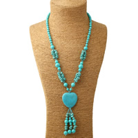 Turkos tröja kedja halsband, Syntetisk Turkos, med Glass Seed Beads, Hjärta, blå, 40x105mm, Såld Per Ca 25.5 inch Strand