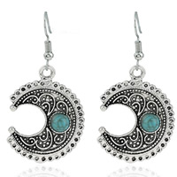 Turquoise Earring Zinc Alloy brass earring hook Moon antique silver color plated blue lead & cadmium free Sold By Pair
