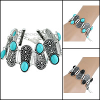 Fashion Turquoise Bracelets, Tibetan Style, with Mixed Material, with 7cm extender chain, Flat Round, antique silver color plated, different materials for choice, blue, lead & cadmium free, 30mm, Sold Per Approx 6.5 Inch Strand