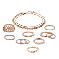 Conjuntos de joyería de aleación de zinc, anillo de dedo & pulsera, con cadena de hierro, con 5cm extender cadena, chapado en color dorado, libre de plomo & cadmio, 60mm, tamaño:3-7.5, longitud:aproximado 7 Inch, Vendido por Set