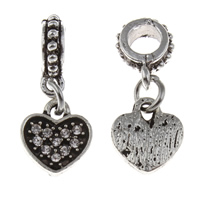 European Style Tibetan Style Dangle Beads, Heart, antique silver color plated, without troll & with rhinestone, lead & cadmium free, 9x23x3mm, Hole:Approx 4.5mm, 10PCs/Bag, Sold By Bag