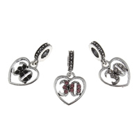 European Style Tibetan Style Dangle Beads, Heart, antique silver color plated, with number pattern & without troll & with rhinestone, more colors for choice, lead & cadmium free, 14x25x2mm, Hole:Approx 5mm, 10PCs/Bag, Sold By Bag