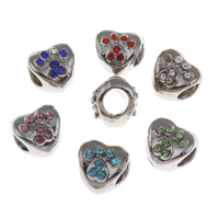 Tibetan Style European Beads, Heart, antique silver color plated, without troll & with rhinestone, more colors for choice, lead & cadmium free, 10x10x9mm, Hole:Approx 5mm, 10PCs/Bag, Sold By Bag