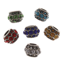 Tibetan Style European Beads, Drum, antique silver color plated, without troll & with rhinestone, more colors for choice, lead & cadmium free, 8x11mm, Hole:Approx 4mm, 10PCs/Bag, Sold By Bag
