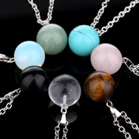 Unisex Necklace Gemstone with iron chain Round platinum color plated & oval chain 12mm Length Approx 19.5 Inch Sold By Bag