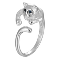 Brass Cuff Finger Ring, Cat, real silver plated, adjustable & for woman & with rhinestone, lead & cadmium free, 6-8mm, US Ring Size:7.5, Sold By PC