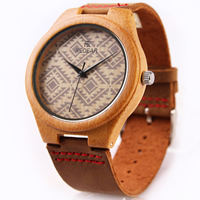Men Wrist Watch Cowhide with Bamboo & Glass & Stainless Steel plated natural & adjustable & for man Length Approx 8 Inch Sold By PC