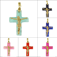 Edelsteen Hangers Sieraden, Geverfd Marmer, met Zinc Alloy, Crucifix Cross, gold plated, Christian Jewelry, meer kleuren voor de keuze, 30x41x8mm, Gat:Ca 3x4mm, Verkocht door PC