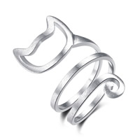 cobre Cuff Ring Finger, Gato, banhado a prata genuina, ajustável & para mulher, Chumbo e cádmio livre, 21x28mm, tamanho:6-8, vendido por PC
