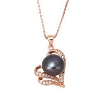 Freshwater Pearl Brass Necklace, with Freshwater Pearl, Heart, rose gold color plated, natural & box chain & micro pave cubic zirconia & for woman, nickel, lead & cadmium free, 28x19x10mm, Sold Per Approx 16.5 Inch Strand