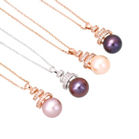 Fashion Choker Necklace, Brass, with Freshwater Pearl, with 5cm extender chain, Potato, plated, oval chain & micro pave cubic zirconia & for woman, more colors for choice, nickel, lead & cadmium free, 28x12x12mm, Sold Per Approx 14.5 Inch Strand