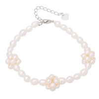 perle d'eau douce cultivée bracelet, avec 5cm chaînes de rallonge, riz, naturel, pour femme, blanc, 5-6mm, Vendu par Environ 9 pouce brin