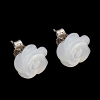 White Shell Stud Earring with Brass Flower platinum color plated Sold By Pair