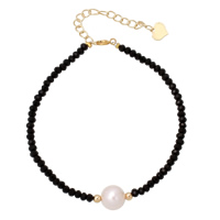 Bracelet en perles de culture d'eau douce, laiton, avec perle d'eau douce cultivée & cristal, avec 5cm chaînes de rallonge, Plaqué d'or, naturel & pour femme & facettes, 9mm, Vendu par Environ 9 pouce brin