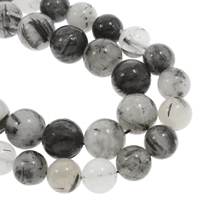 Rutilated Quarz Perle, rund, natürlich, verschiedene Größen vorhanden, schwarz, verkauft per ca. 15.5 ZollInch Strang