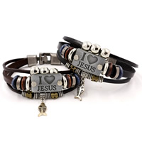 Unisex Bracelet, PU Leather, with Non Magnetic Hematite & Wood & Tibetan Style, plated, charm bracelet & adjustable & with letter pattern & 3-strand, more colors for choice, nickel, lead & cadmium free, 6mm, Sold Per Approx 8.4 Inch Strand