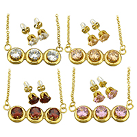 Crystal Jewelry Sets, pendant & earring, Stainless Steel, with rubber earnut & Crystal, with 2lnch extender chain, gold color plated, oval chain & for woman, more colors for choice, 39x12mm, 2mm, 8mm, Length:Approx 18.5 Inch, Sold By Set