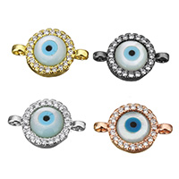 Evil Eye Connector, Brass, with White Shell, plated, micro pave cubic zirconia & 1/1 loop, more colors for choice, nickel, lead & cadmium free, 14x9x3mm, Hole:Approx 1.3mm, 10PCs/Lot, Sold By Lot
