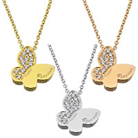 Stainless Steel Jewelry Necklace, Butterfly, plated, oval chain & with letter pattern & for woman & with cubic zirconia, more colors for choice, 12.5x12.5mm, 1.5mm, Sold Per Approx 18 Inch Strand