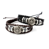 Unisex Bracelet, Cowhide, with PU Leather Cord & Linen & Non Magnetic Hematite & Tibetan Style, plated, adjustable & 3-strand, more colors for choice, Sold Per Approx 7.2 Inch Strand