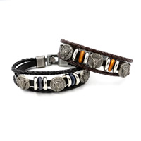 Unisex Bracelet, Cowhide, with PU Leather Cord & Non Magnetic Hematite & Wood & Tibetan Style, plated, 3-strand, more colors for choice, Sold Per Approx 8.2 Inch Strand