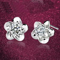 Cubic Zircon (CZ) Stud Earring Brass Flower real silver plated with cubic zirconia nickel lead & cadmium free 9mm Sold By Pair