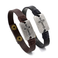 Unisex Bracelet, Cowhide, with Waxed Nylon Cord & Tibetan Style, antique silver color plated, with cross pattern & adjustable, more colors for choice, 10mm, Sold Per Approx 8.6 Inch Strand