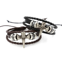 Unisex Bracelet, Cowhide, with Waxed Nylon Cord & PU Leather Cord & Non Magnetic Hematite & Tibetan Style, Skull Cross, plated, adjustable & 3-strand, more colors for choice, Sold Per Approx 7 Inch Strand