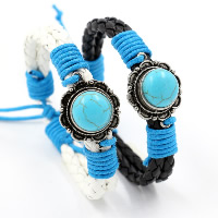 Unisex Bracelet, PU Leather, with Waxed Nylon Cord & Turquoise & Tibetan Style, antique silver color plated, adjustable, more colors for choice, Sold Per Approx 7 Inch Strand