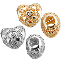 Cubic Zirconia Micro Pave Brass European Beads, Heart, plated, high quality plated & micro pave cubic zirconia & without troll & hollow, more colors for choice, nickel, lead & cadmium free, 13x11x9mm, Hole:Approx 4.5mm, 10PCs/Bag, Sold By Bag