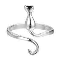 Brass Cuff Finger Ring, Cat, real silver plated, adjustable & for woman, lead & cadmium free, 17.6mm, US Ring Size:6.5-8, Sold By PC