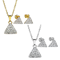 Rhinestone Jewelry Sets, earring & necklace, Stainless Steel, with Rhinestone Clay Pave, Triangle, plated, oval chain, more colors for choice, 9.5x11.5x3mm, 2x1.5x0.3mm, 8x7x13.5mm, Length:Approx 18 Inch, 10Sets/Lot, Sold By Lot