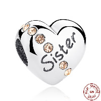 Thailand Sterling Silver European Bead, Heart, word sister, different packing style for choice & without troll & with rhinestone, Hole:Approx 4.5mm, Sold By PC