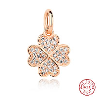 925 Sterling Silver European Pendant, Four Leaf Clover, real rose gold plated, different packing style for choice & without troll & with cubic zirconia, Hole:Approx 4.5mm, Sold By PC