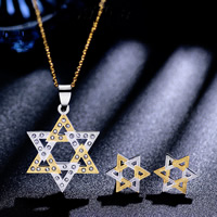 Rhinestone Stainless Steel Jewelry Set, earring & necklace, brass post pin, with 1.96 lnch extender chain, Star of David, plated, oval chain & for woman & with rhinestone, more colors for choice, nickel, lead & cadmium free, 17x17mm, 32x32mm, Length:Approx 17.7 Inch, Sold By Set