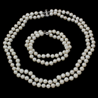 Naturliga Odlade Sötvatten Pearl Jewelry Sets, armband & halsband, Freshwater Pearl, mässing slide lås, Potatis, 2-tråd, vit, 7-8mm, Längd Ca 7 inch, Ca 15.5 inch, Säljs av Ställ
