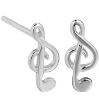 Brass Stud Earring, Music Note, real silver plated, for woman, lead & cadmium free, 9.2x4.1mm, Sold By Pair