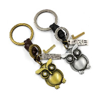 Bag Purse Charms Keyrings Keychains, Tibetan Style, with Cowhide, Owl, plated, with letter pattern & with rhinestone, more colors for choice, 26x40mm, 110mm, Sold By Strand